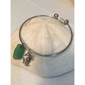 Aqua Green Sea Glass Bangle with Crab Charm